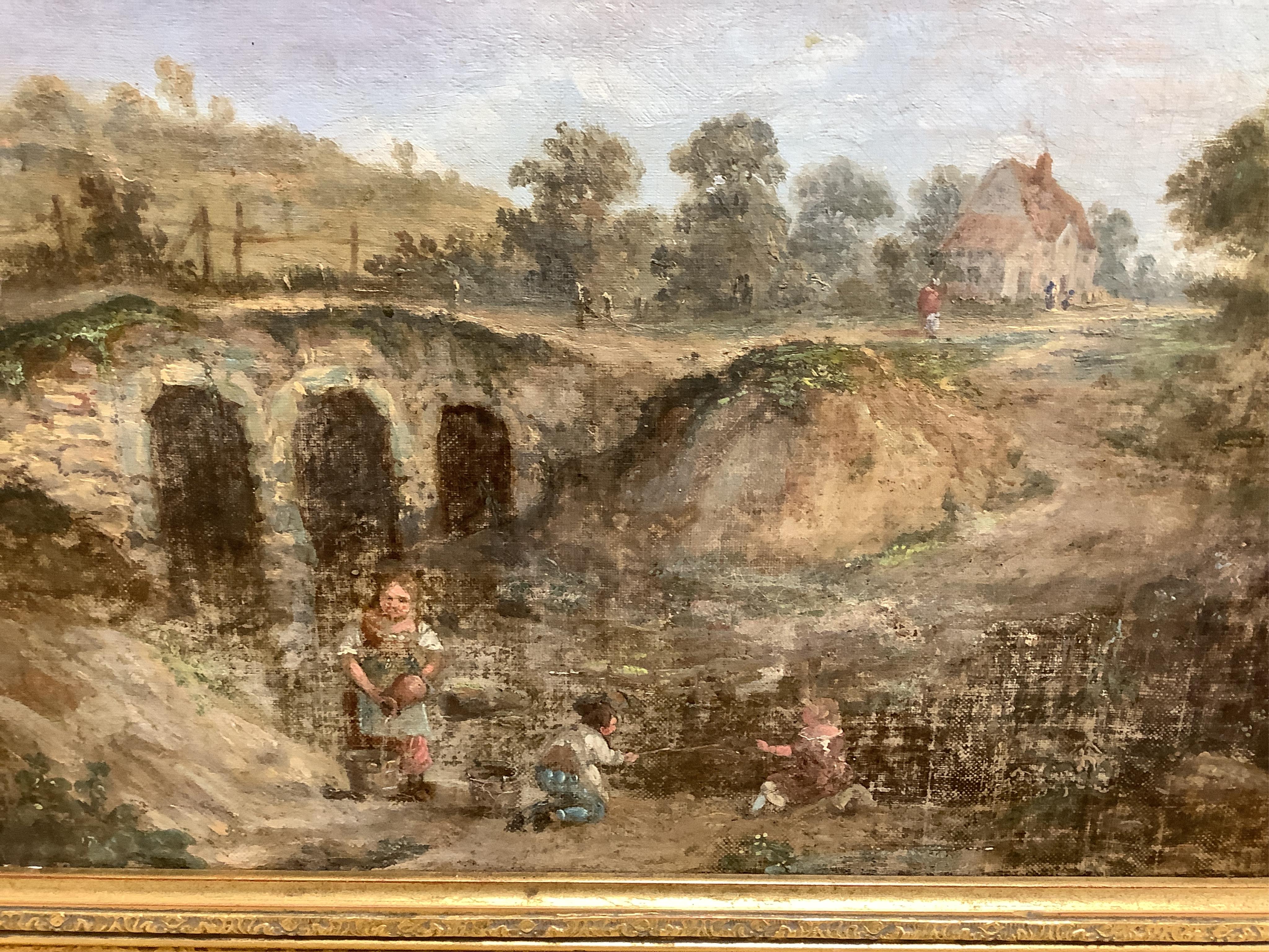 19th century, English School, Riverscape with children fishing, unsigned, oil on canvas, 48 x 64cm, gilt frame